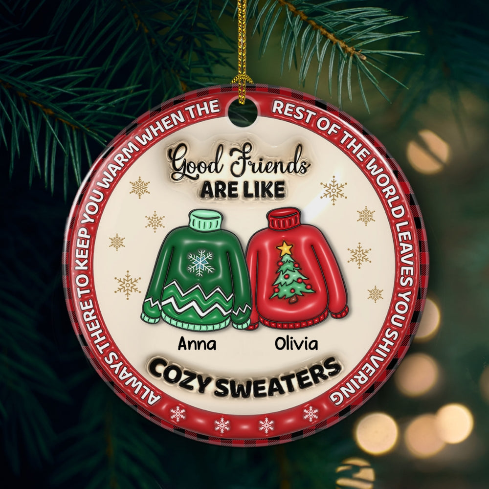 Custom Friendship Christmas Ornament, Best Friend Gift •  Bestie Like Cozy Sweaters - Personalized 3D Inflated Effect Ceramic Ornament
