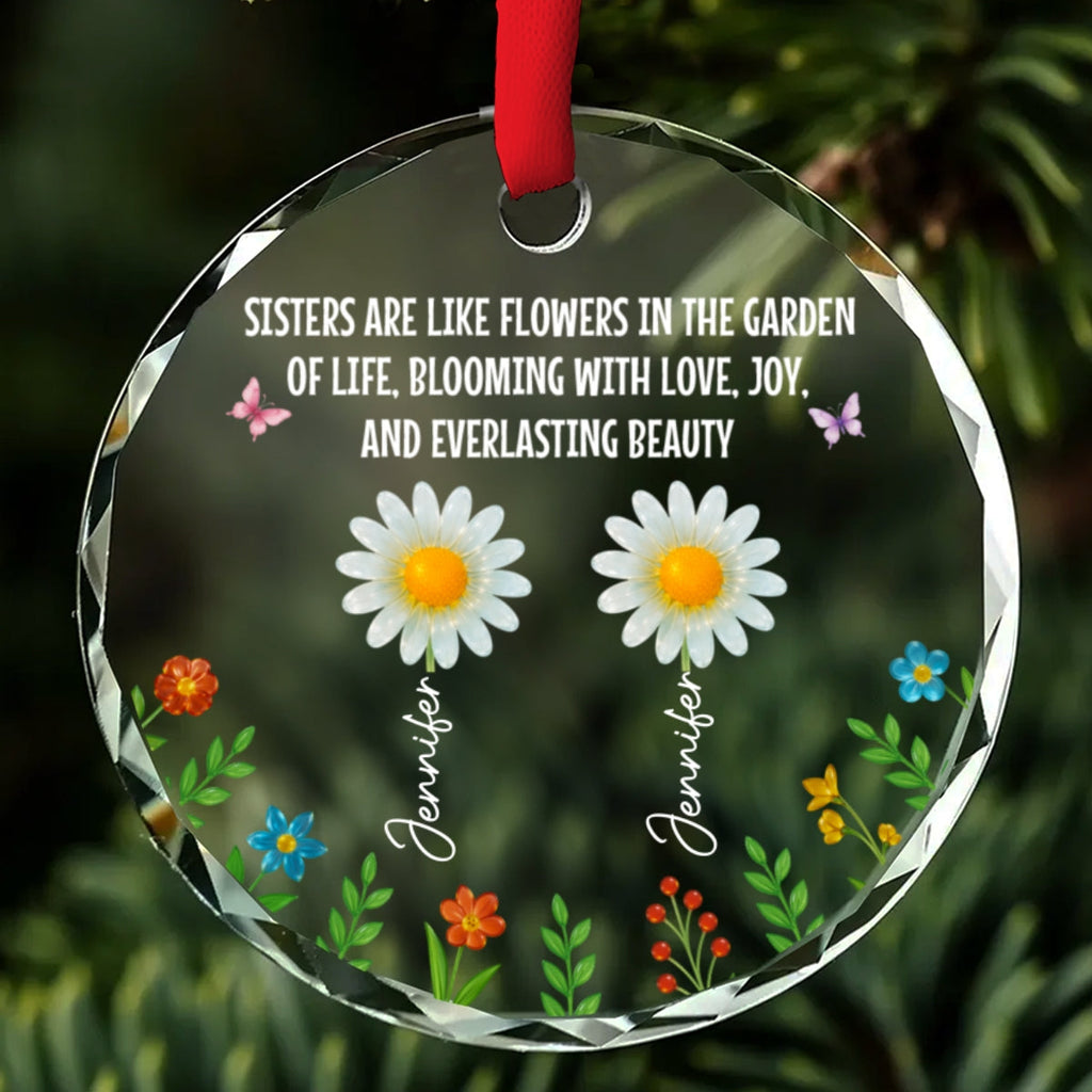 Custom Sister Christmas Ornament •  Sisters Bloom With Love And Joy - Personalized Glass Ornament