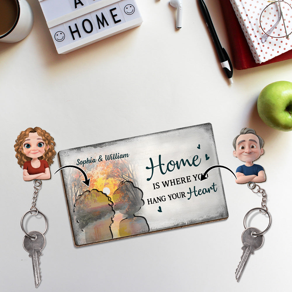 Home Is Where You Hang Your Heart - Personalized Wooden Key Holder With Keychain