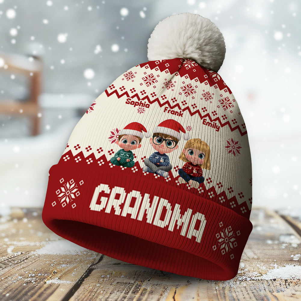 Custom Grandma Christmas Winter Hat • My Grandkids Are Ahead All - Personalized Bobble Beanie Hat