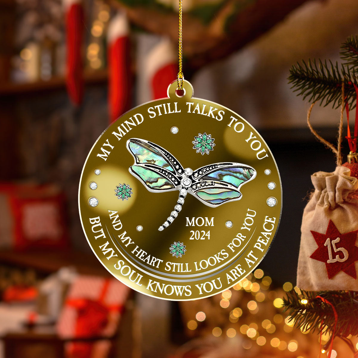 Custom Memorial Christmas Ornament, Sympathy Keepsake •  Dragonfly My Mind My Heart My Soul - Personalized Mirrored Acrylic Ornament