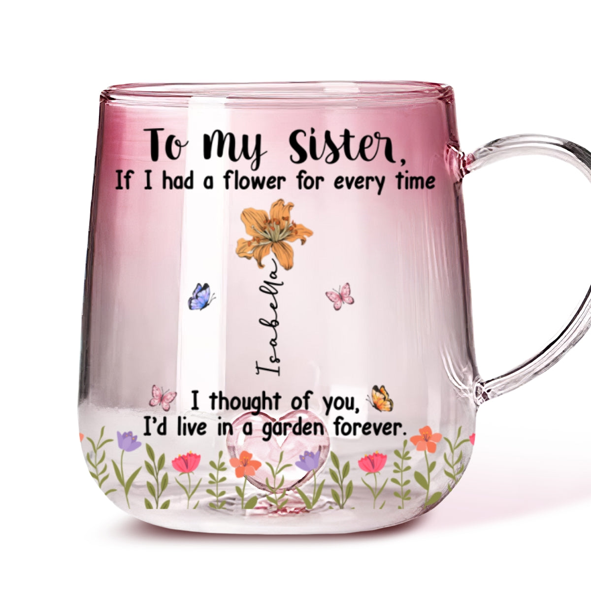 Custom Name & Birth Flower Birthday, Christmas Gift for Sister • Sisters Make Life More Beautiful - Personalized Pink Gradient Glass Mug