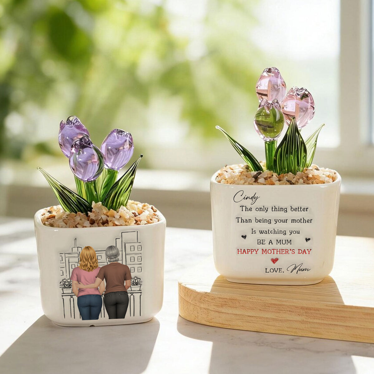 Custom Flower Keepsake, Glass Home Decor Gift for Daughter • Watching You Be Caring Mom - Personalized 3D Inflated Effect Glass Everlasting Tulips