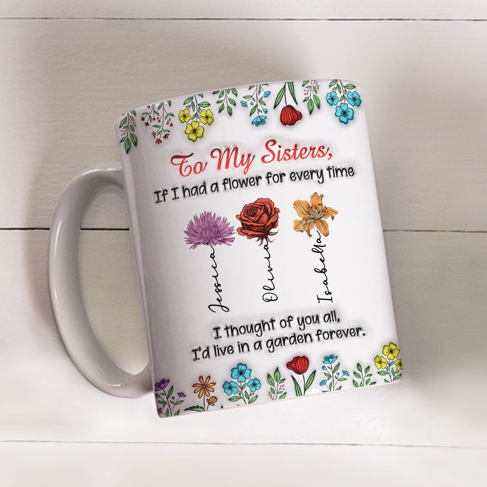 Custom Name & Birth Flower Birthday, Christmas Gift for Sister • My Garden Grows With Sisters - Personalized 3D Inflated Effect Mug