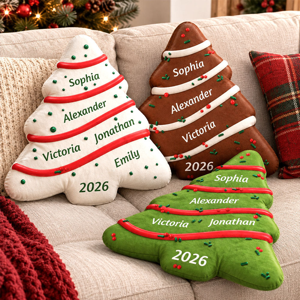 Custom Name Kids Christmas Tree Pillow, Family Keepsake From Parents • Christmas Tree Cake - Personalized Shaped Pillow