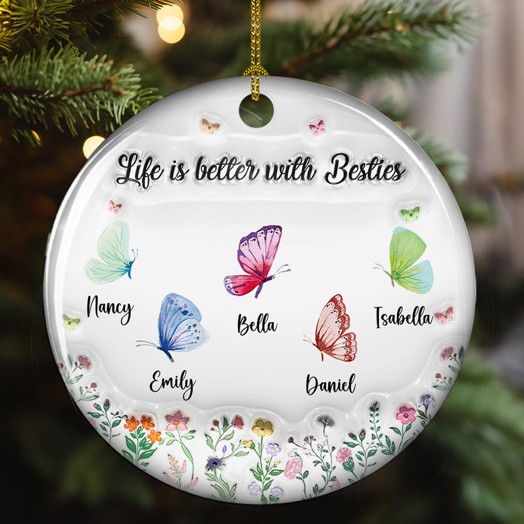 Custom Friendship Christmas Ornament, Best Friend Gift •  Butterfly Besties Forever - Personalized 3D Inflated Effect Ceramic Ornament