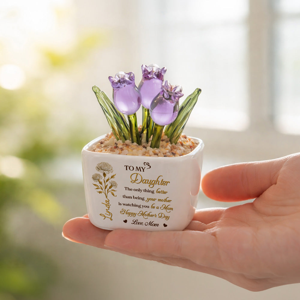 Custom Mother's Day Flower Keepsake, Glass Home Decor Gift for Daughter • Watching You Bloom - Personalized Glass Everlasting Tulips