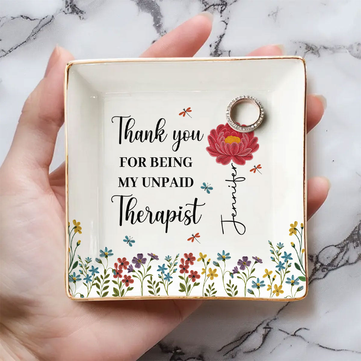 Custom Birth Flower Bestie Trinket Dish, Birthday Christmas Gift For Best Friend • Thank You For Being My Unpaid Therapist - Personalized Jewelry Dish