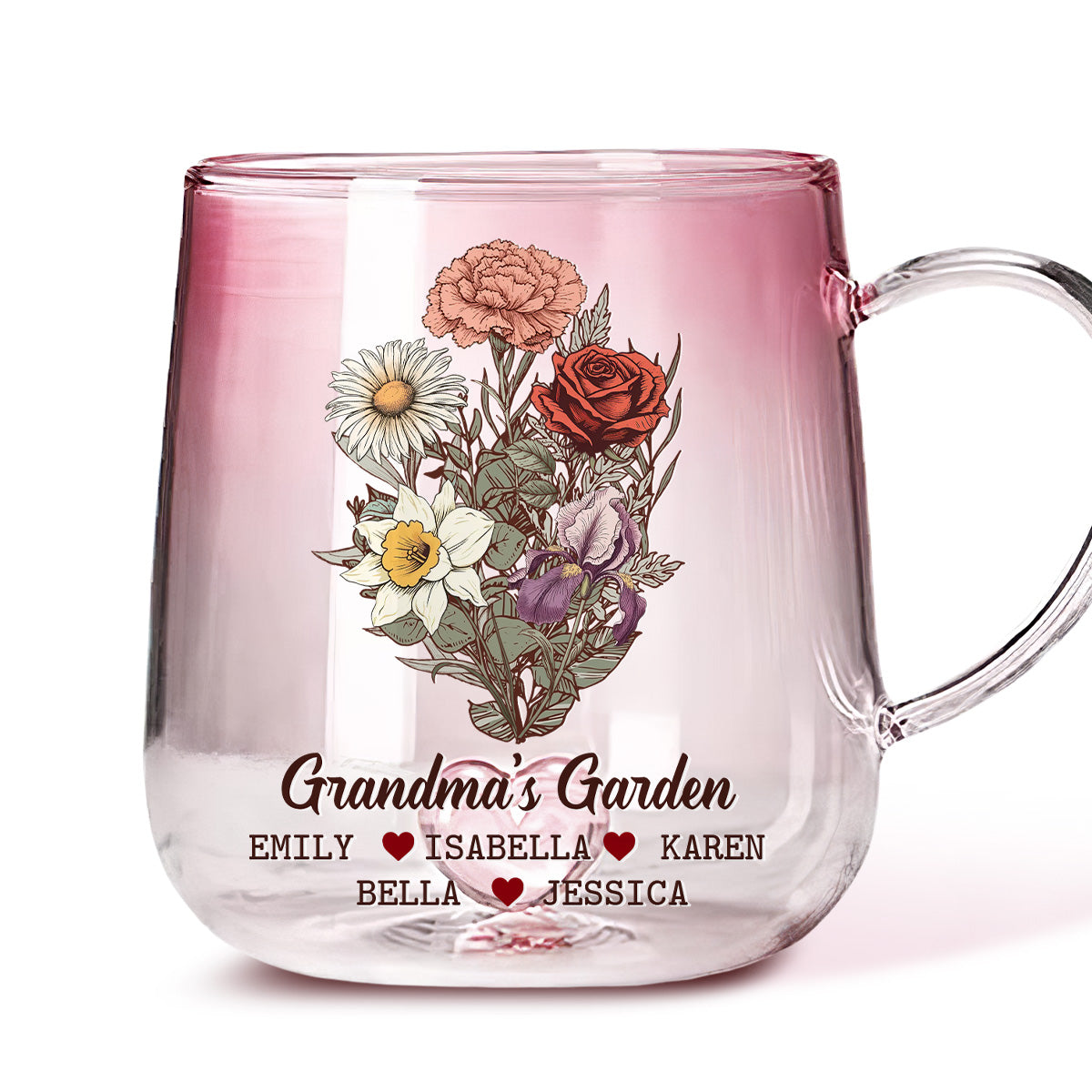 Custom Mother's Day Gift for Mom & Grandma • The Garden Of Grandma - Personalized Pink Gradient Glass Mug