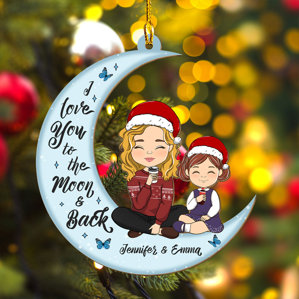 Custom Keepsake Christmas Ornament •  Love You To The Moon And Back - Personalized Wood Ornament