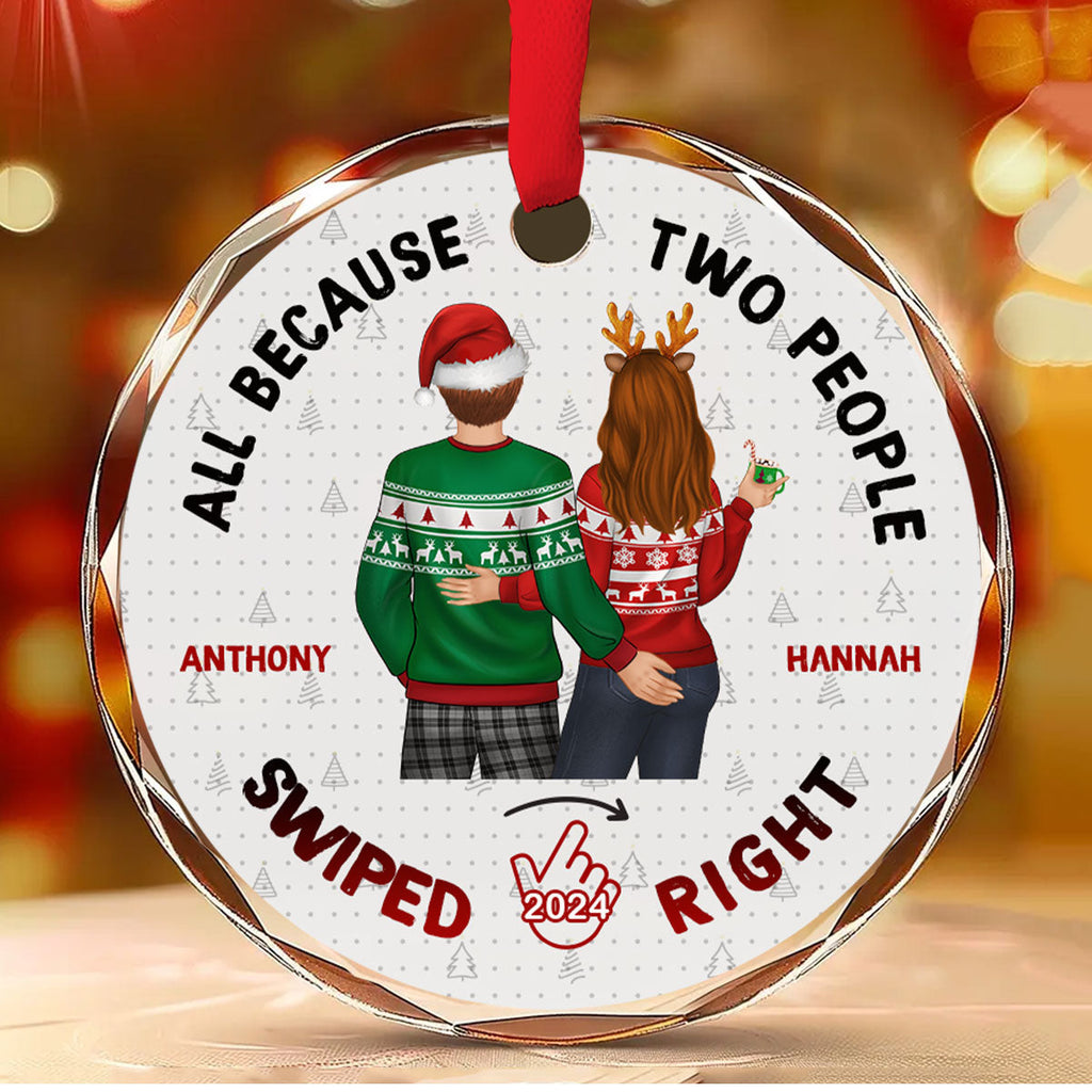 Custom Couple Christmas Ornament, Anniversary Gift •  Christmas Swiped Right - Personalized Glass Ornament