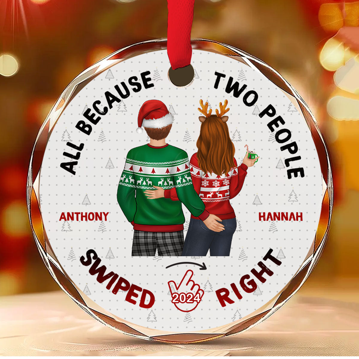Custom Couple Christmas Ornament, Anniversary Gift •  Christmas Swiped Right - Personalized Glass Ornament