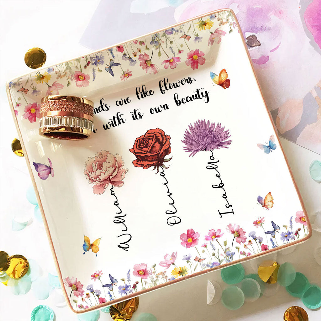 Custom Bestie Trinket Dish, Birthday Christmas Gift For Best Friend • Friends Are Blossoms In Life - Personalized Jewelry Dish