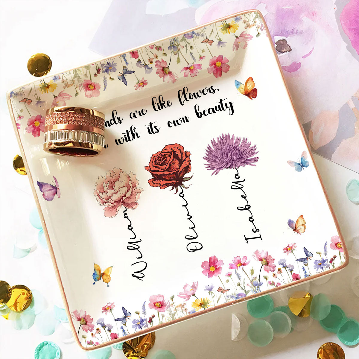 Custom Bestie Trinket Dish, Birthday Christmas Gift For Best Friend • Friends Are Blossoms In Life - Personalized Jewelry Dish