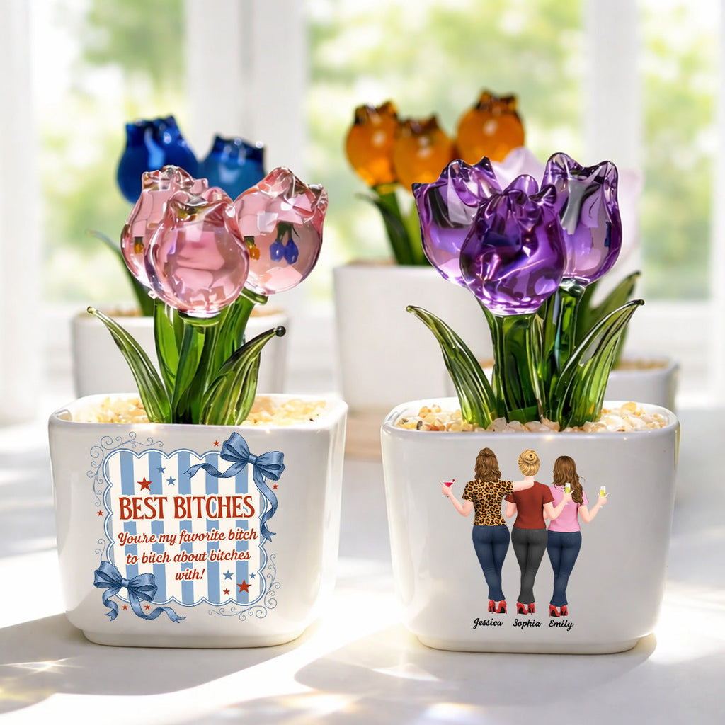 Custom Flower Keepsake, Glass Home Decor Gift for Best Friend • Drama Queens - Personalized Glass Everlasting Tulips