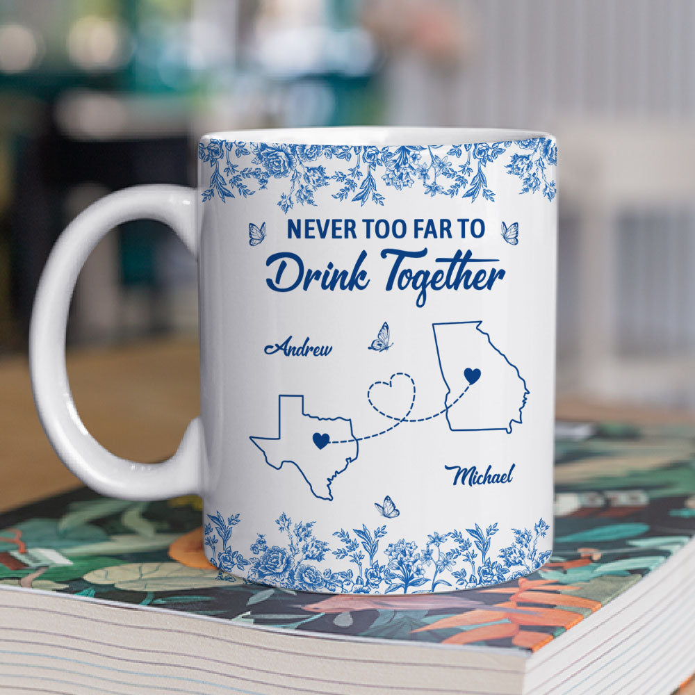 Custom Best Friend, Christmas & Birthday Friendship Keepsake Gift • Never Too Far Toile Version - Personalized Coffee Mug