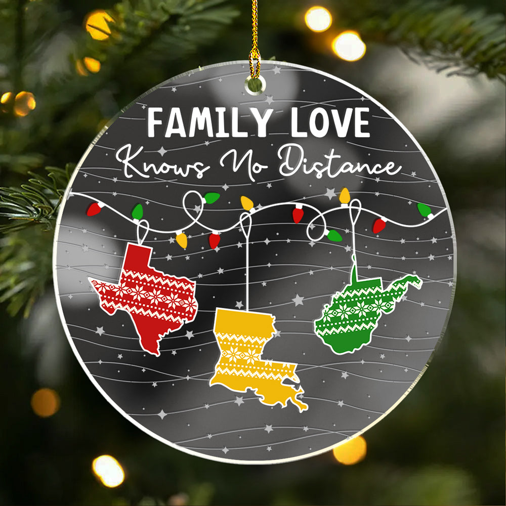 Custom Family Christmas Ornament for Long Distance Families •  Family Love Knows No Distance - Personalized Mirrored Acrylic Ornament