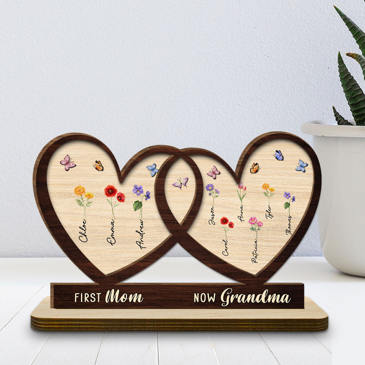Custom Mother's Day Decor, Gift for Mom & Grandma • First Mom Now Grandma Flower - Personalized 2-Layer Wood Plaque With Flat Base