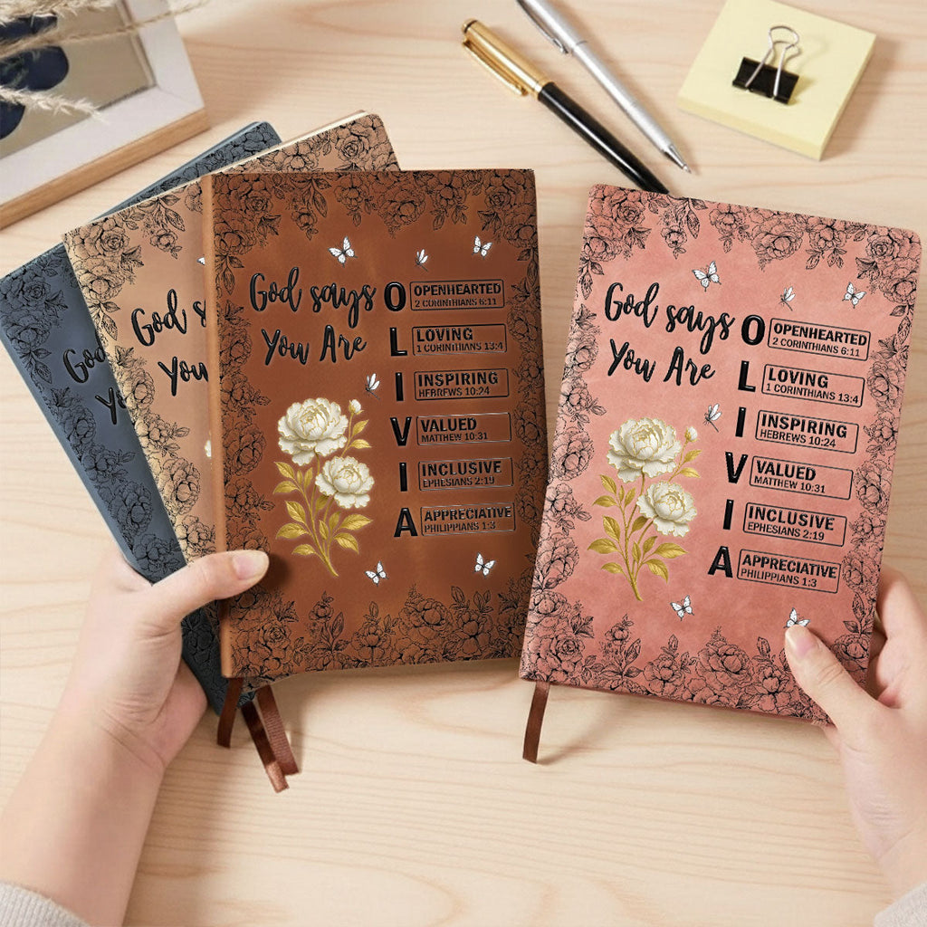 God Says You Are Bible Verse Custom Birth Flower & Name - Personalized Leather Journal