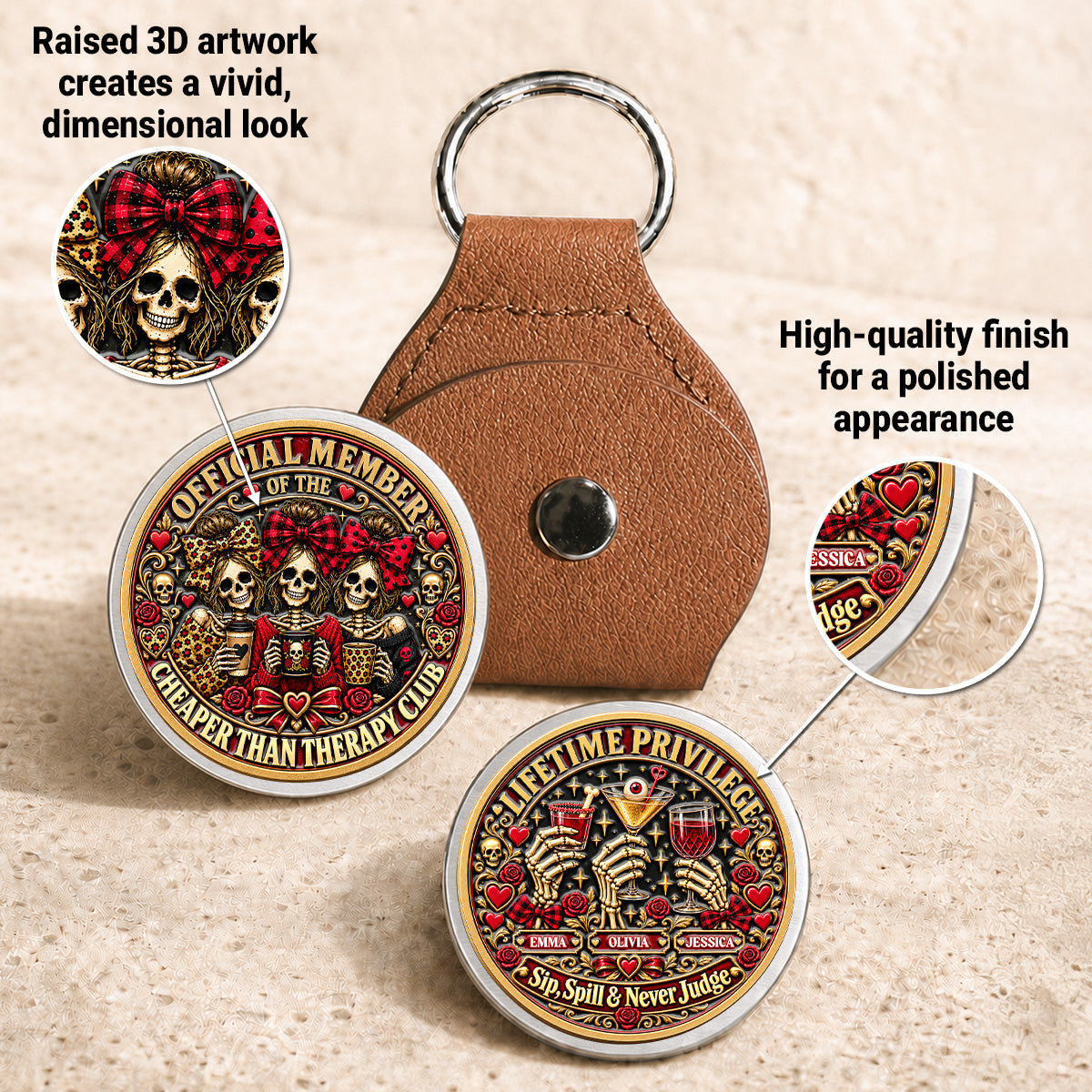 Custom Sister Siblings Coin Keychain, Christmas Birthday Gifts • Besties Are Cheaper Than Therapy - Personalized 3D Printing Pocket Hug