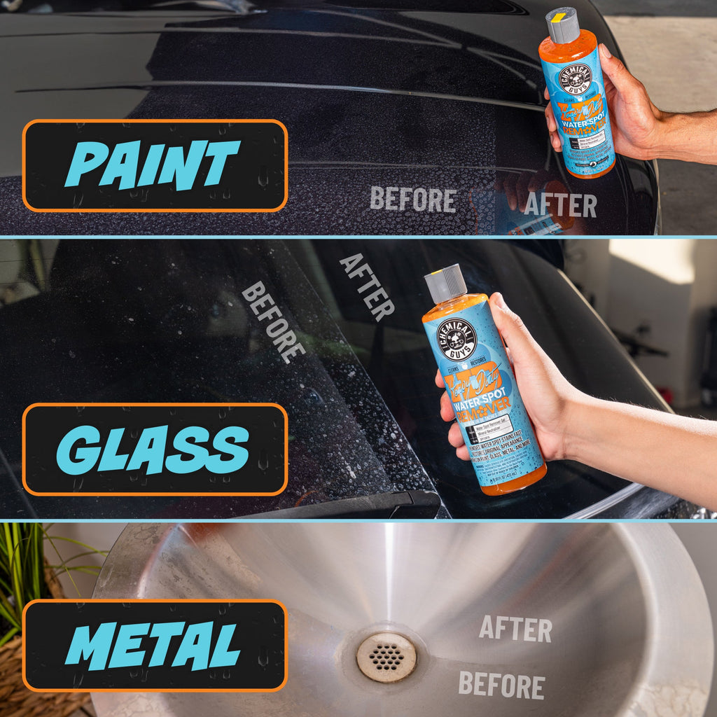 Heavy Duty Water Spot Remover before and after results on paint, glass, and metal surfaces