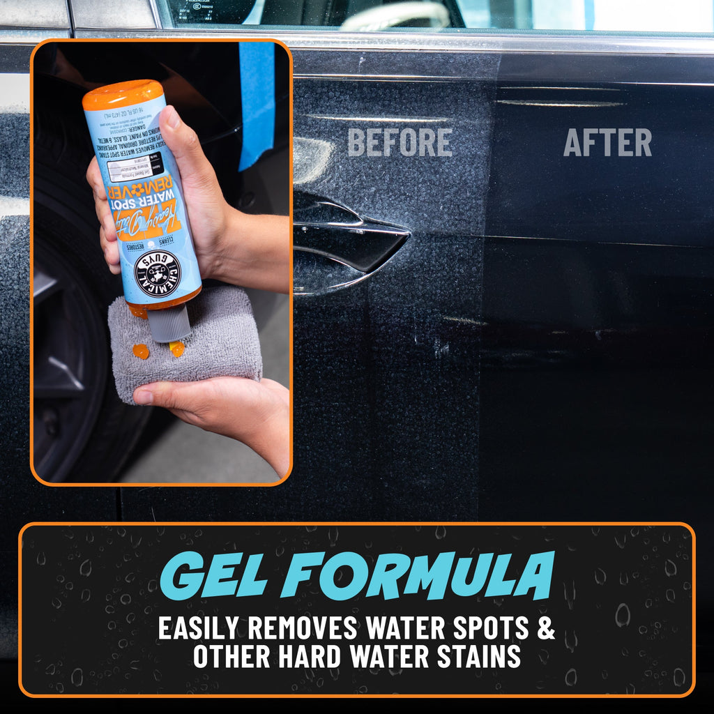 Heavy Duty Water Spot Remover gel formula applied on car door before and after - easily removes water spots and other hard water stains