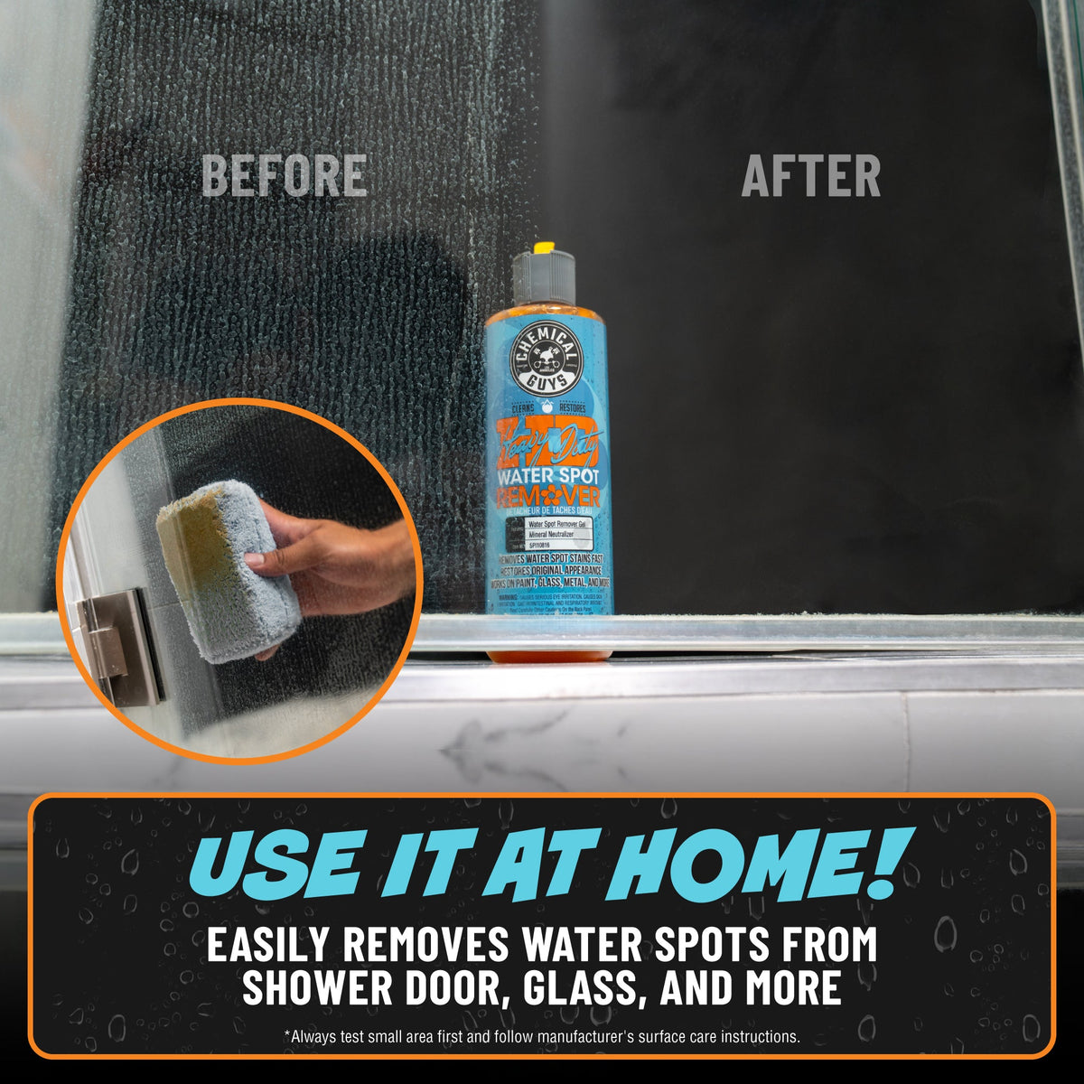 Heavy Duty Water Spot Remover used on shower door glass, before and after - use it at home, easily removes water spots from shower door, glass, and more