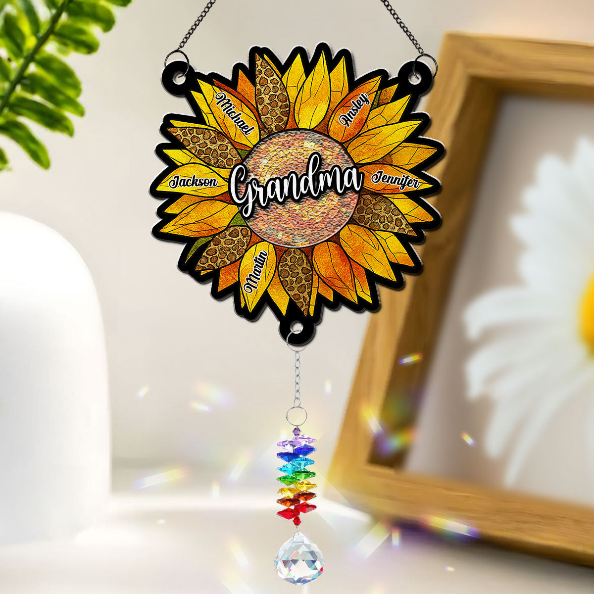 Custom Name Grandma Hanging Decor, Mother's Day Birthday Gifts • Beautiful Sunflower Grandma - Personalized Suncatcher With Crystal Rainbow Charm