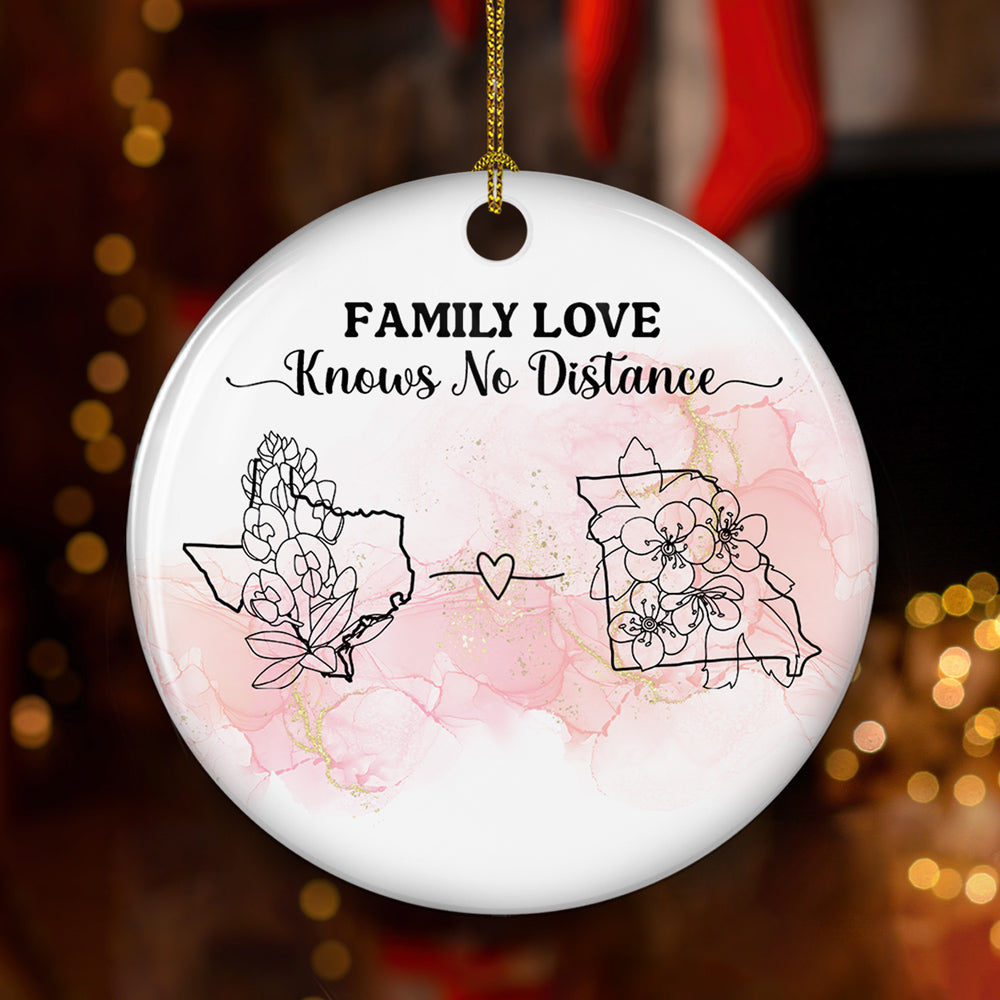 Custom Family Christmas Ornament for Long Distance Families •  Family Love Knows No Distance Floral Version - Personalized Circle Ceramic Ornament
