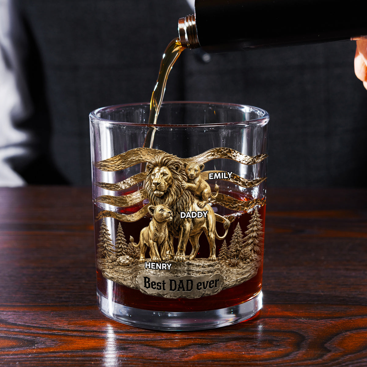 Custom Father's Day Birthday Gifts for Husband • Lion Dad And Kids - Personalized Whiskey Glass
