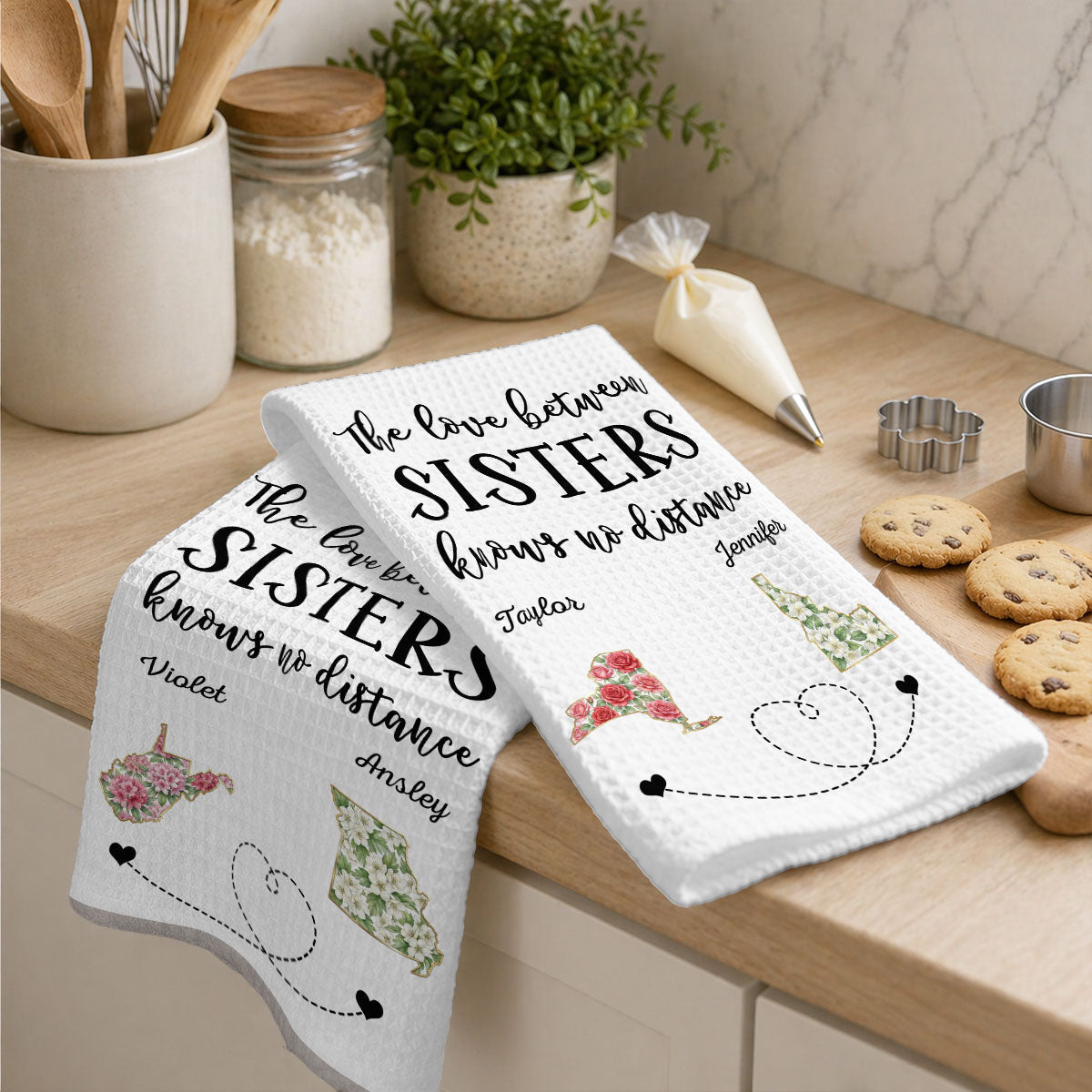 Custom Sister Kitchen Towel With Names, Birthday Christmas Gift For Sister Sibling • Home Is Wherever Sisters Are - Personalized Kitchen Towel