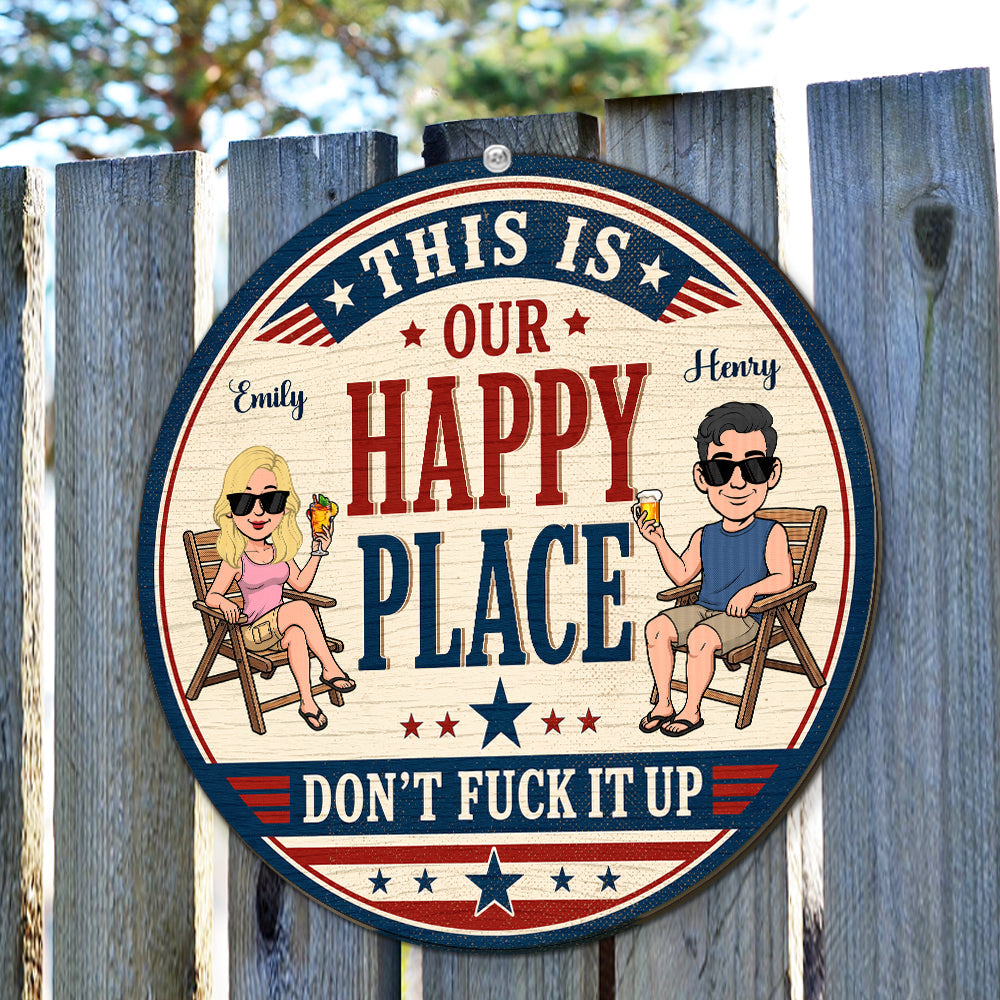Custom Family Patriotic Hanging Decor, 4th of July • Cheers To Our Happy Place - Personalized Wood Sign