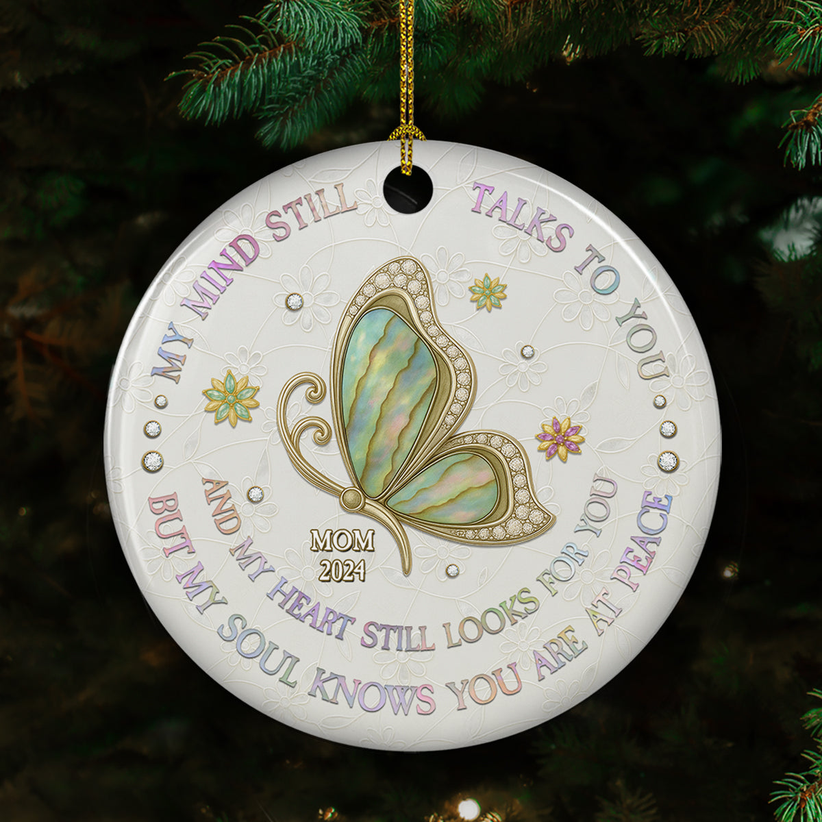 Custom Memorial Christmas Ornament, Sympathy Keepsake •  My Mind My Heart My Soul Mother Of Pearl - Personalized Ceramic Ornament
