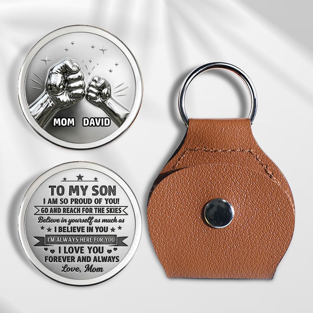 Custom Coin Keychain for Son, Father's Day Birthday Gifts • Reach For The Skies - Personalized Pocket Hug