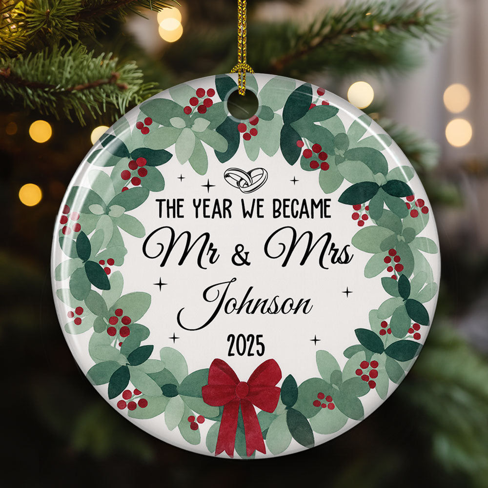 Custom First Christmas Ornament Married, Gift for Newlyweds •  Newlywed Bride Groom - Personalized Ceramic Ornament