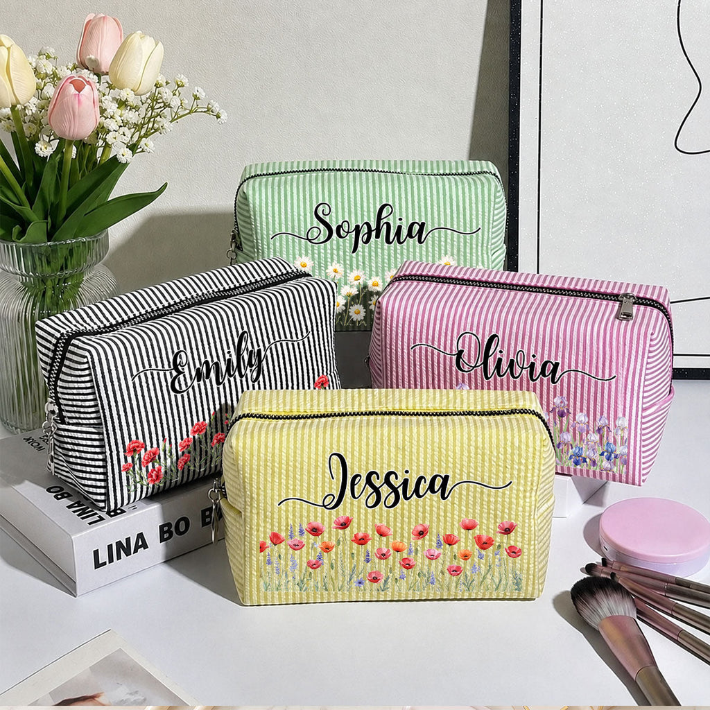 Custom Birth Flower & Name For Her, Daughter, Sister, Friends • Born To Bloom - Personalized Seersucker Print Makeup Bag