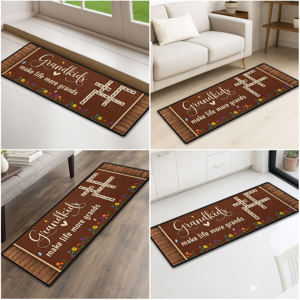 Custom Family Name Rug, Housewarming Birthday Gift For Grandma Grandparents • Love My Grandkids Crossword - Personalized Runner Rug