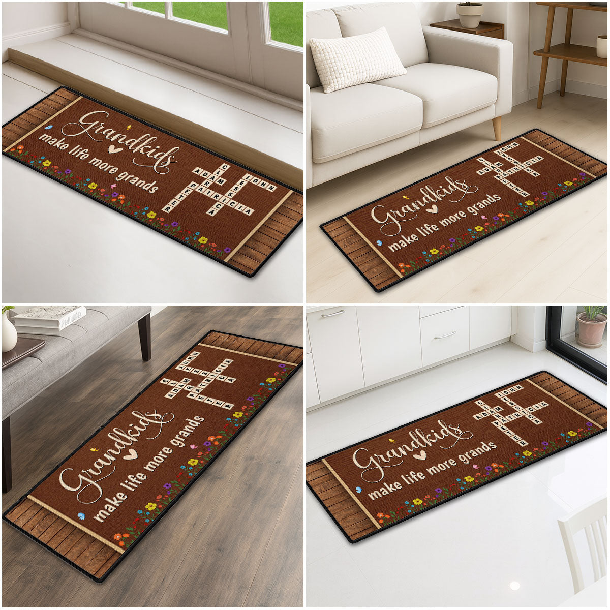 Custom Family Name Rug, Housewarming Birthday Gift For Grandma Grandparents • Love My Grandkids Crossword - Personalized Runner Rug