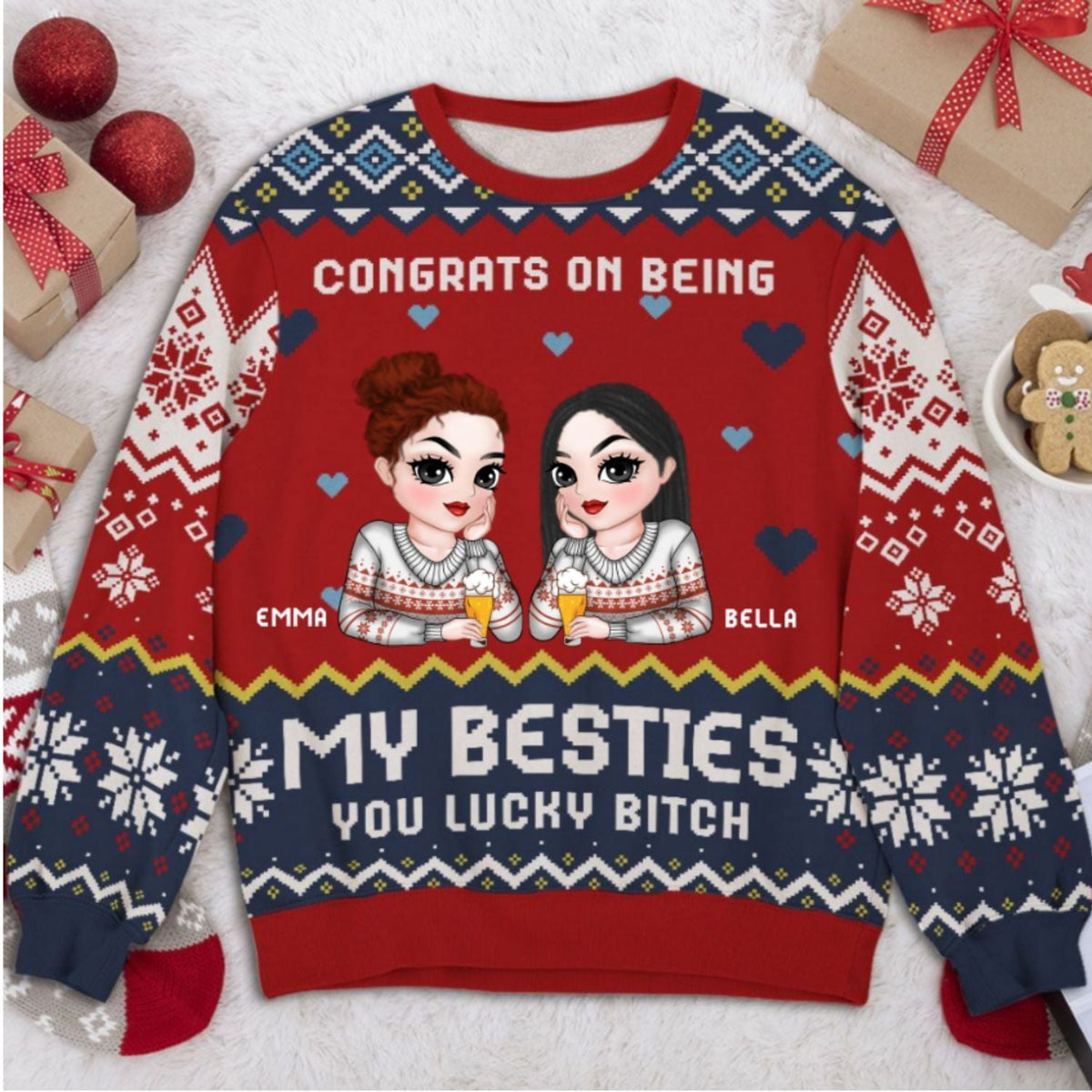 Custom Friendship Christmas Sweatshirt, Best Friend Gift • Congrats On Being My Besties - Personalized All-Over-Print Sweatshirt