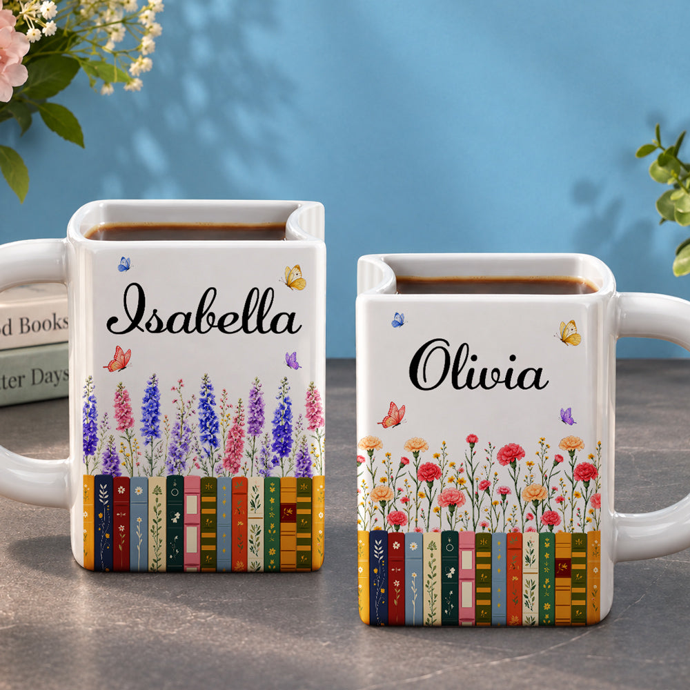 Custom Birth Flower & Name For Friends, Book Lovers, Bookworms, Readers • Made For Cozy Reading Days - Personalized Book Shaped Mug