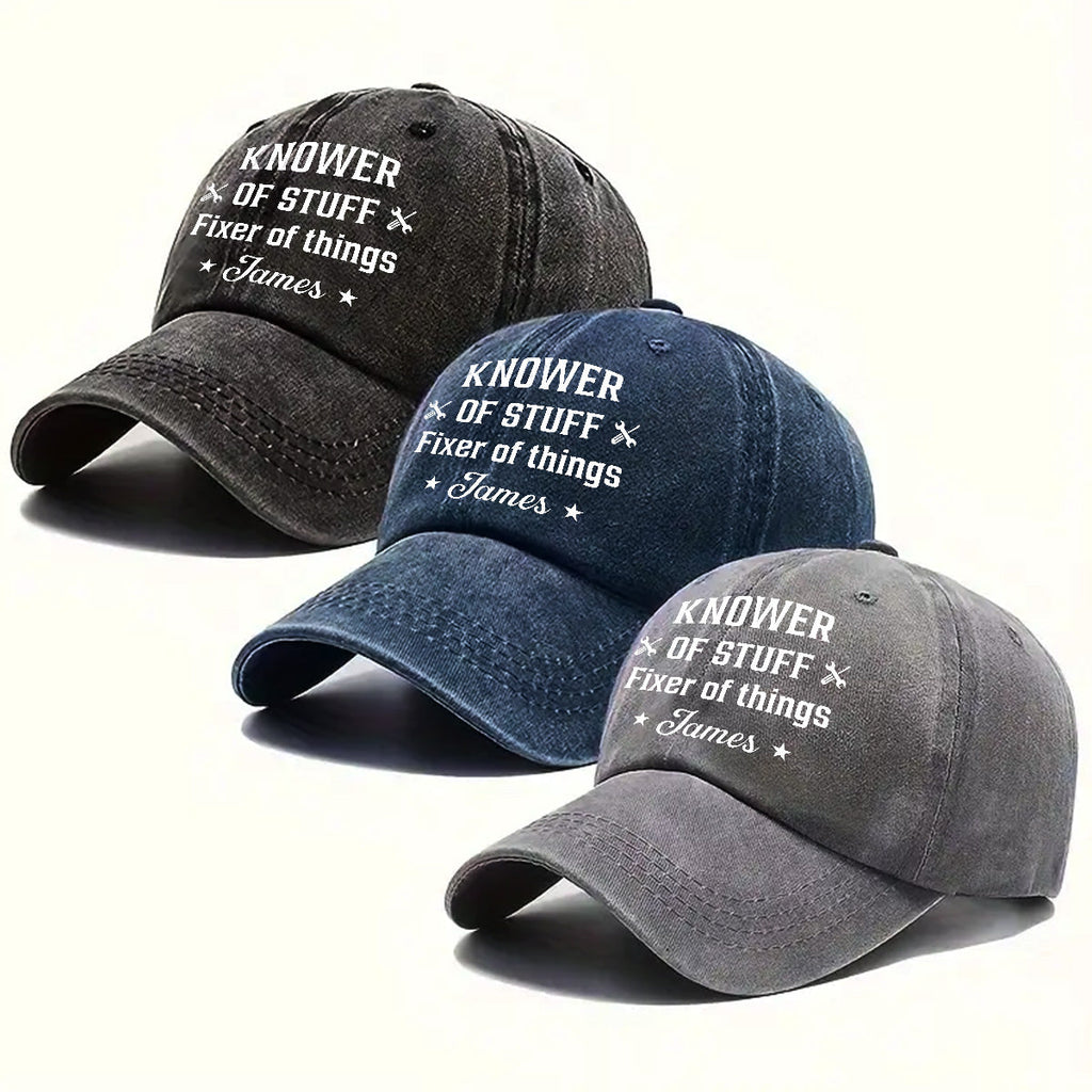 Custom Father's Day Christmas Birthday Gifts for Dad • Fixer And Knower - Personalized Vintage Washed Denim Cap