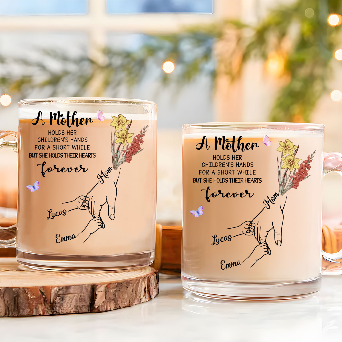 Custom Mother's Day Gift for Mom & Grandma • Mother Holds Her Children Heart Forever - Personalized Glass Mug