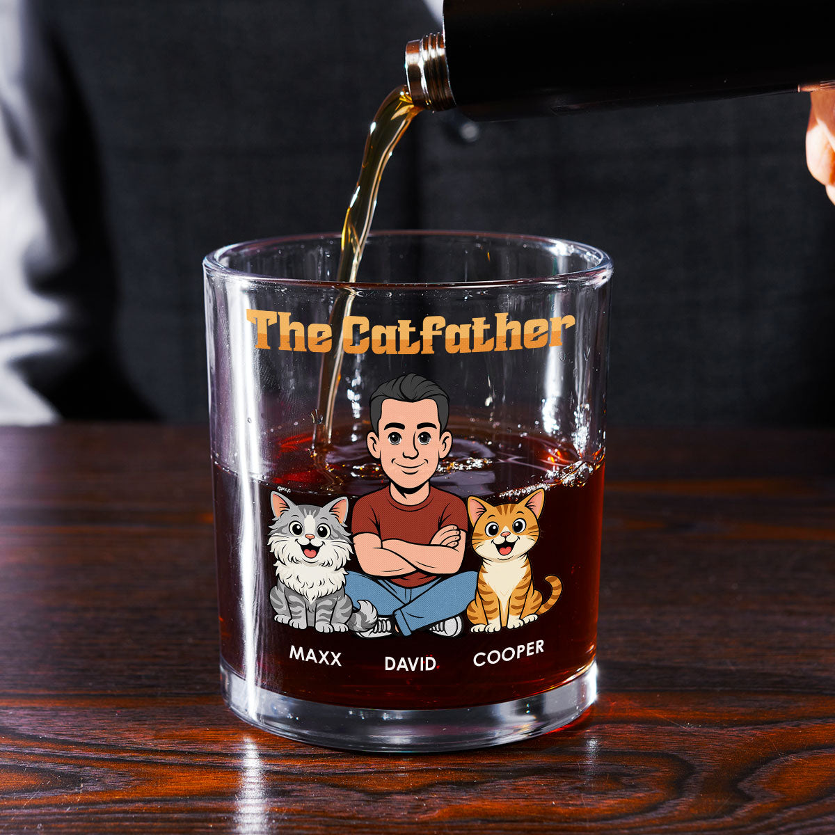 Custom Christmas Birthday Drinkware Gifts for Cat Lovers • The Catfather Retro - Personalized Whiskey Glass