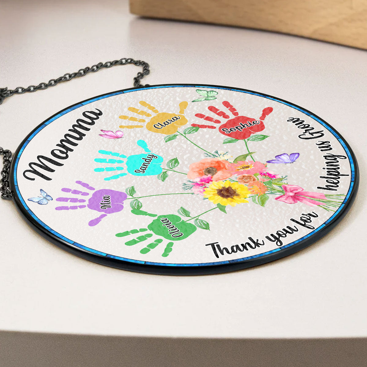 Custom Name Hanging Decor for Mom Daughter, Mother's Day Gifts • Thank You For Helping Us Grow - Personalized Window Hanging Suncatcher