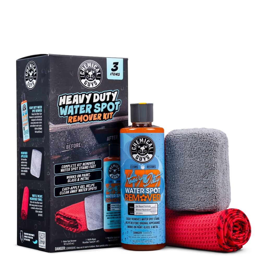 Chemical Guys Heavy Duty Water Spot Remover Kit with retail box, blue liquid bottle, gray microfiber towel, and red microfiber towel on white background