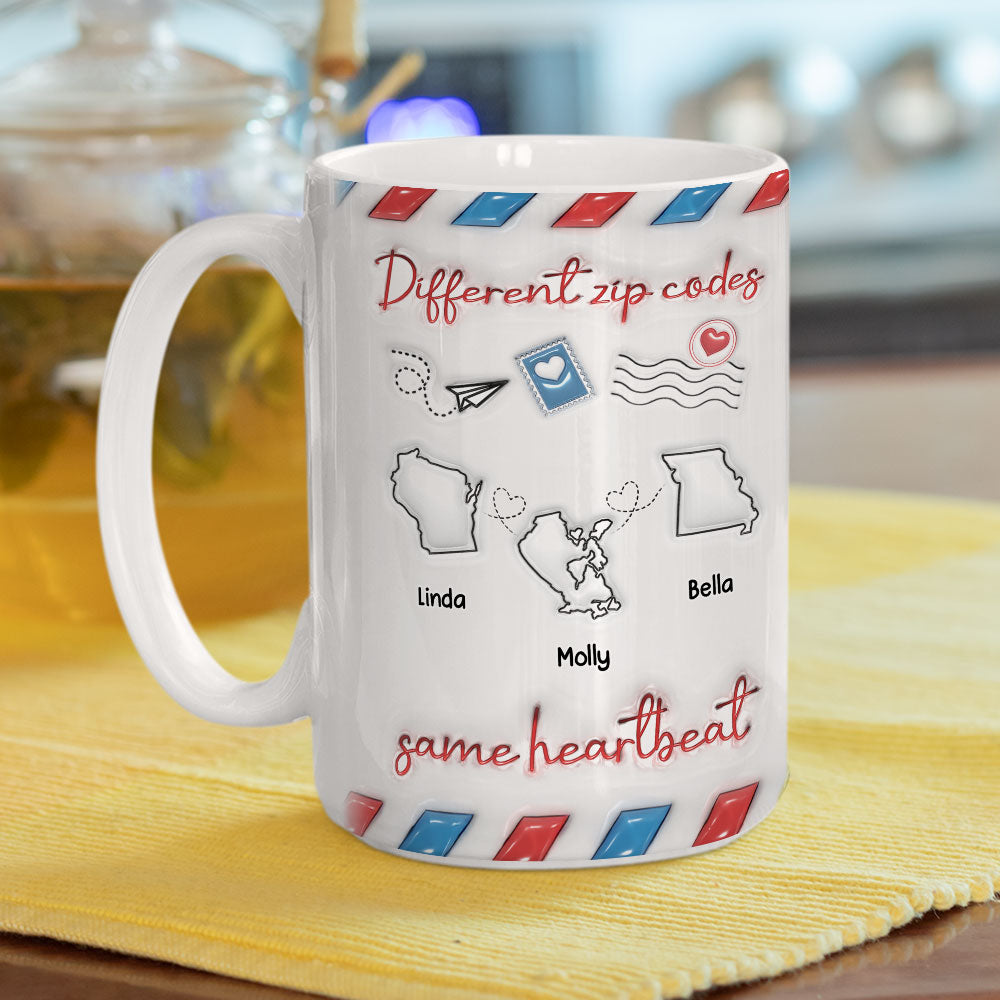 Custom Best Friend, Christmas & Birthday Friendship Keepsake Gift • Different Zip Code Envelopes - Personalized 3D Inflated Effect Coffee Mug