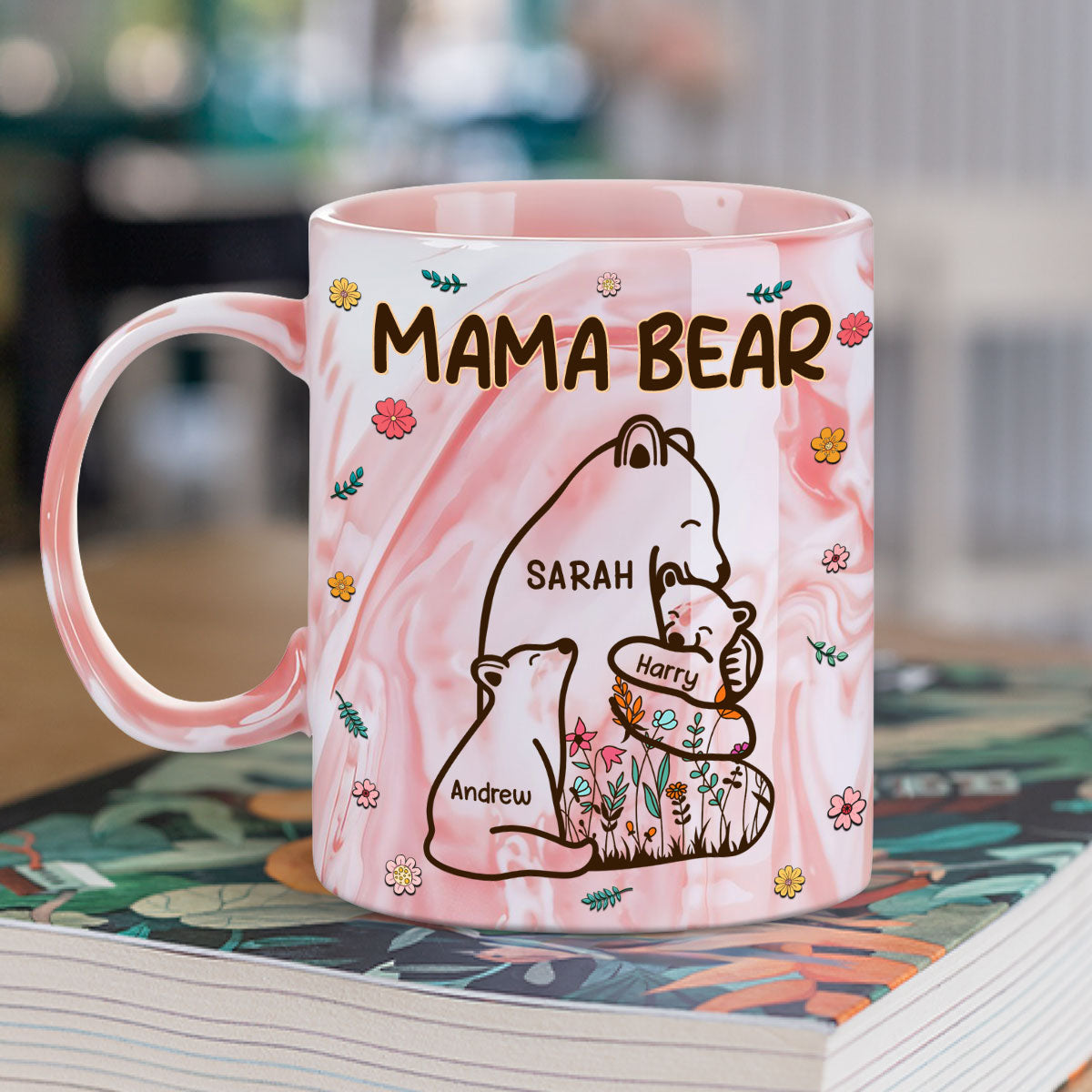 Custom Mother's Day Gift for Mom & Grandma • Mama Bear - Personalized Pink Marble Mug