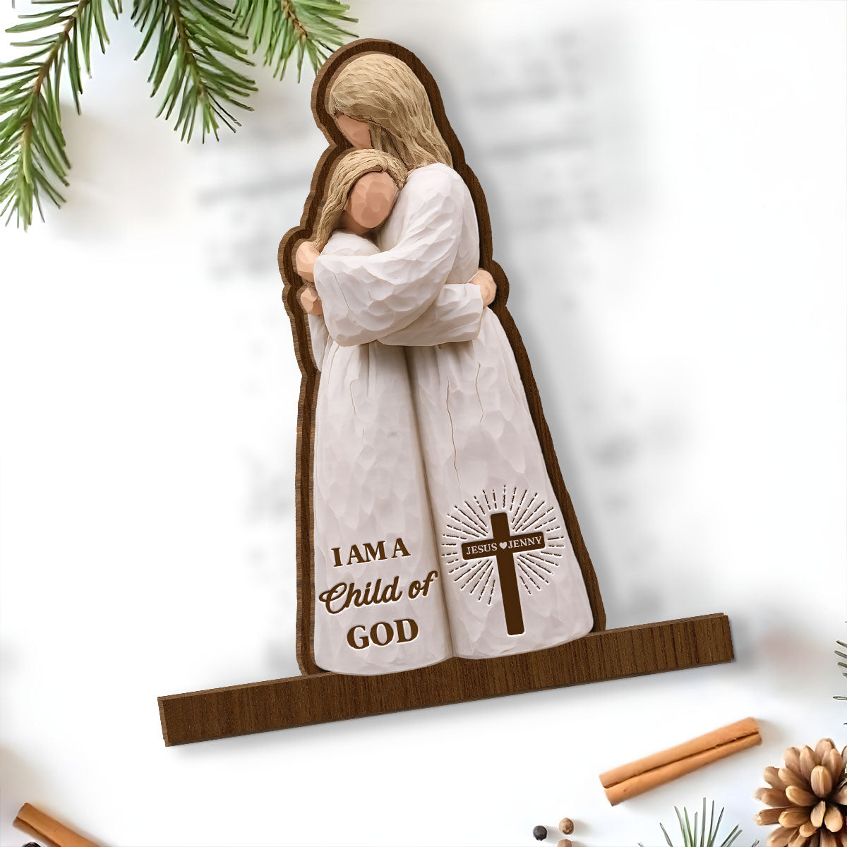 Custom Family Decor, Christmas Birthday Family Keepsake • Child Of God Embrace - Personalized 2-Layer Wood Plaque With Flat Base