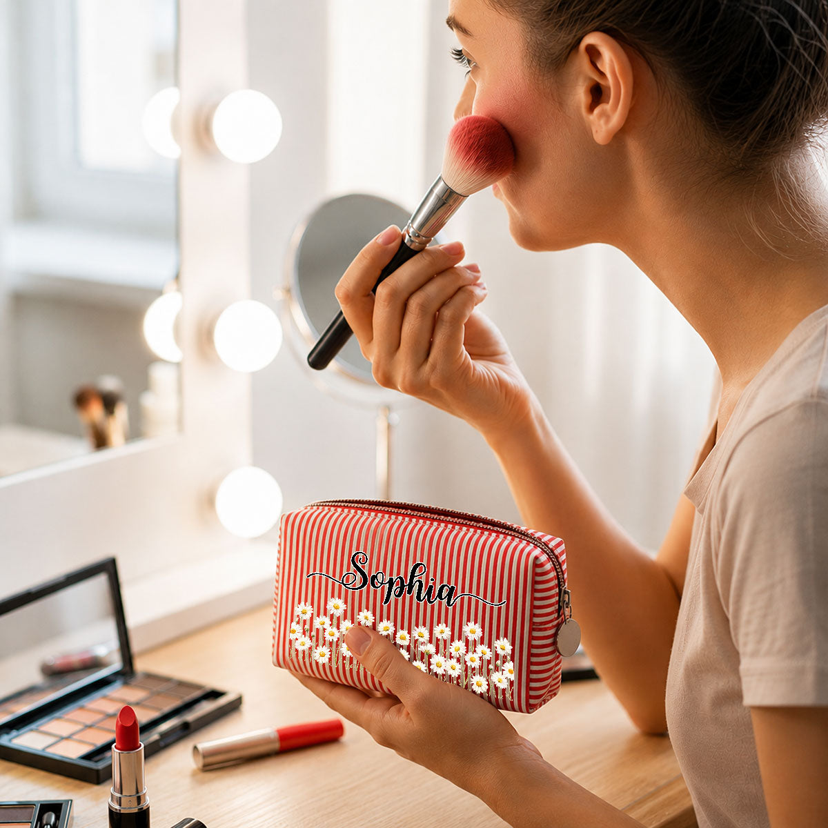 Custom Birth Flower & Name For Her, Daughter, Sister, Friends • Born To Bloom - Personalized Seersucker Print Makeup Bag