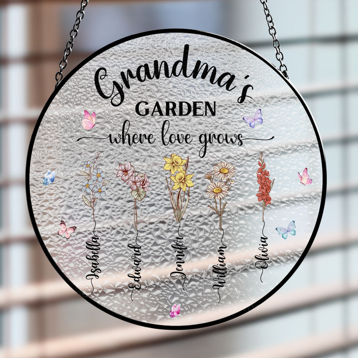Custom Name Grandma Hanging Decor, Mother's Day Birthday Gifts • Our Love Grows Here - Window Hanging Suncatcher